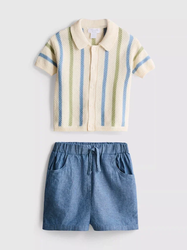 0–12 månader | Set med randig stickad polotröja och shorts