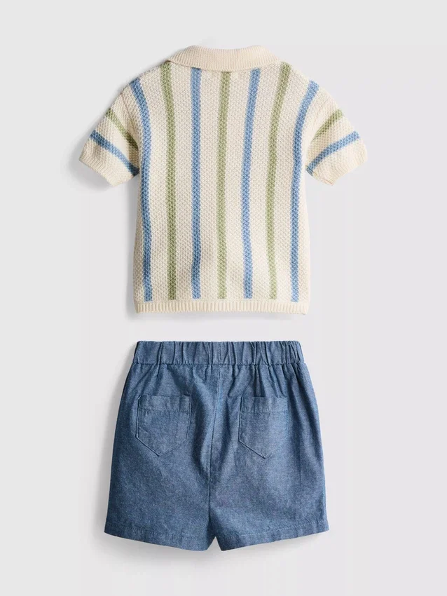 0–12 månader | Set med randig stickad polotröja och shorts