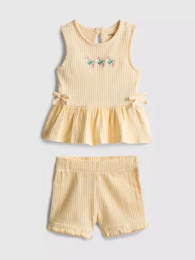 0–36 månader | Set med blomsterbroderad topp med peplum-kant och Shorts