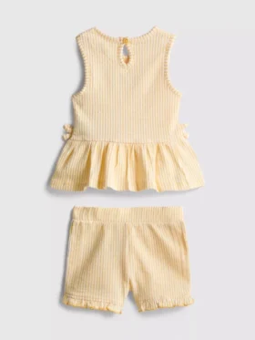 0–36 månader | Set med blomsterbroderad topp med peplum-kant och Shorts
