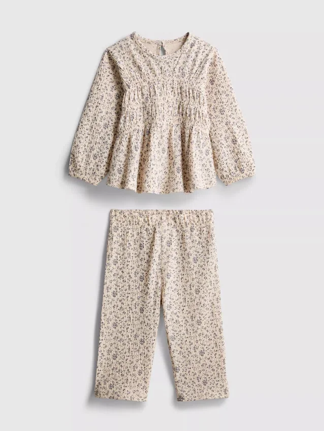 0–36 månader | Set med långärmad blus och byxor med blommönster i krusat tyg