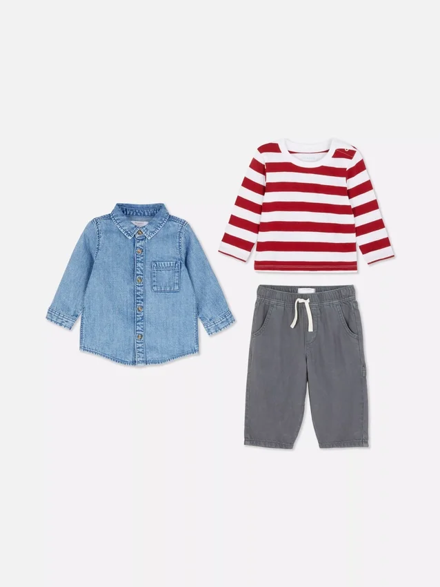 0–36 månader | Set med långärmad t-shirt, byxor och jeansskjorta