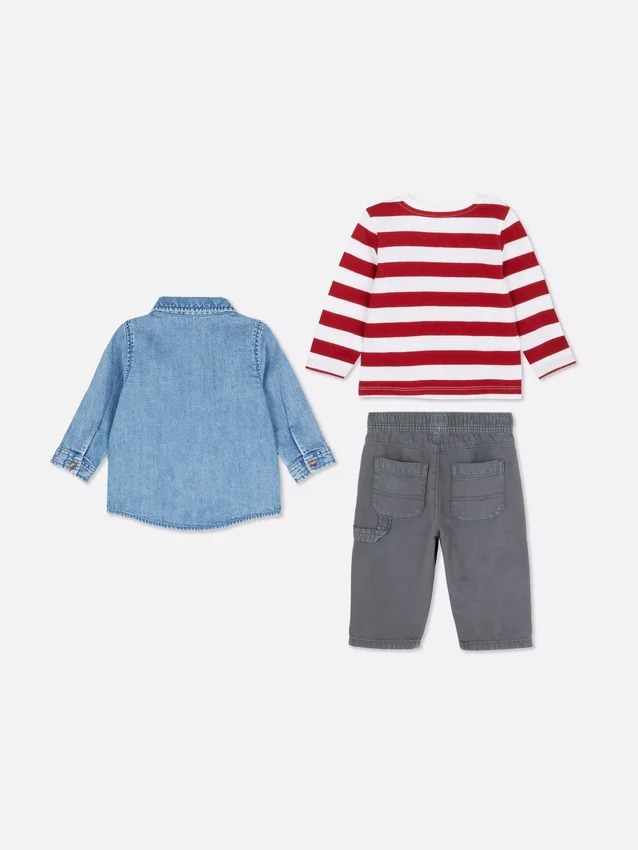 0–36 månader | Set med långärmad t-shirt, byxor och jeansskjorta