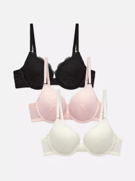 3-pack spets-push-up-Bh:ar med vaddering och djup urringning