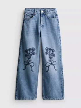 7–15 år | Jeans med breda ben och broderad blommig rosett