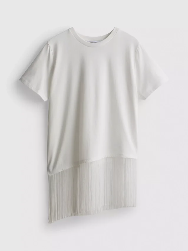 Asymmetrisk T-shirt i bomull med fransar