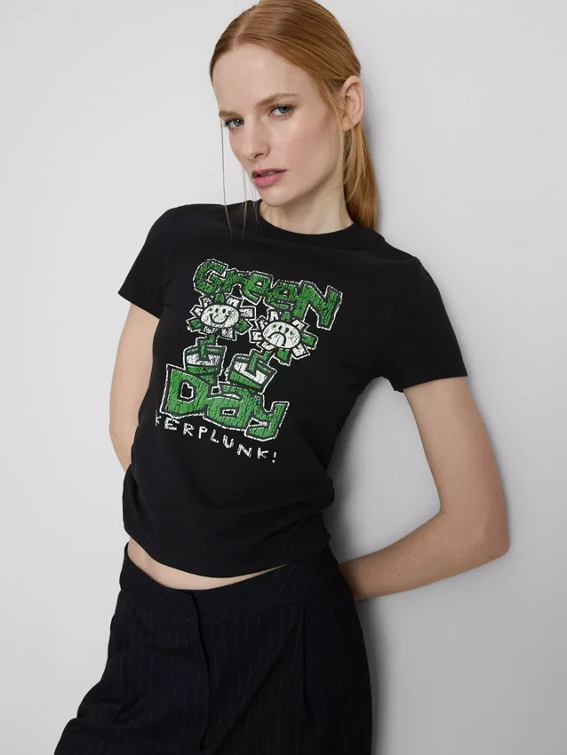 Barn-T-shirt i bomullsrik Green Day-modell med rynkad detalj