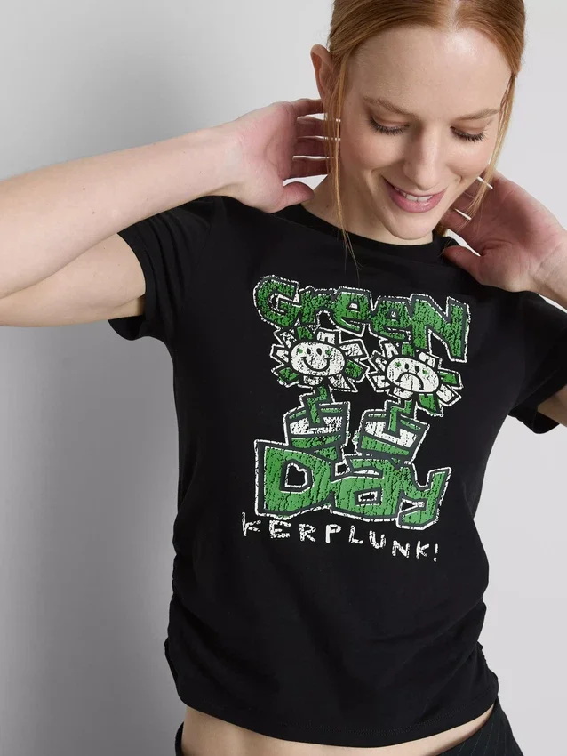 Barn-T-shirt i bomullsrik Green Day-modell med rynkad detalj
