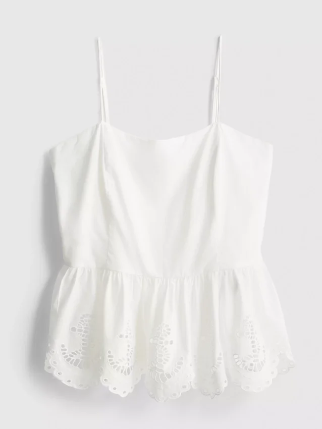 Cami-top i bomull med broderad peplum-kant