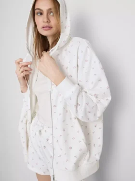 Huvtröja med dragkedja i bomullsrik blommig design
