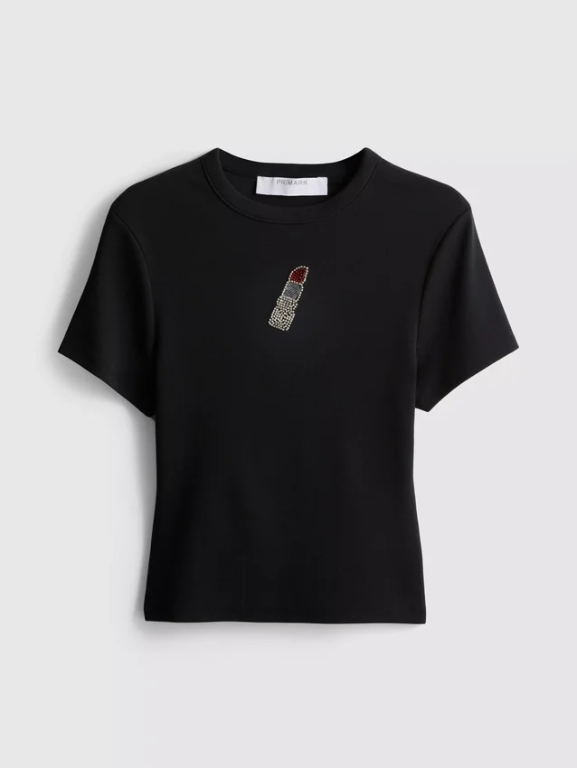 Kort baby-T-shirt med pärlbroderi i bomullsrik kvalitet