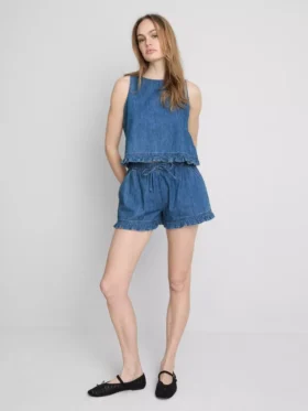 Kort topp i bomullsdenim med volanger