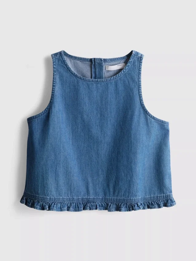 Kort topp i bomullsdenim med volanger