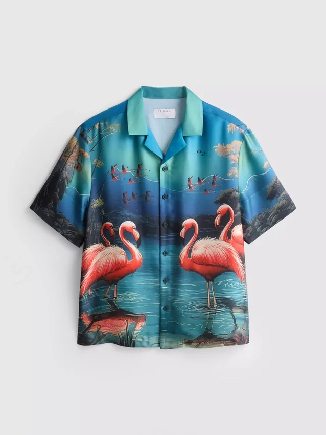 Kortärmad skjorta med knappar och flamingomönster