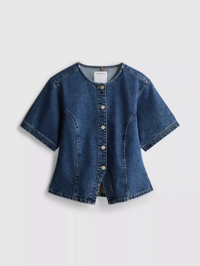 Kortärmad topp i bomullsdenim med insnörning