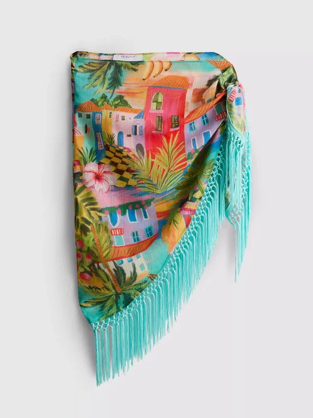 Sarong med fransar och tropiskt mönster