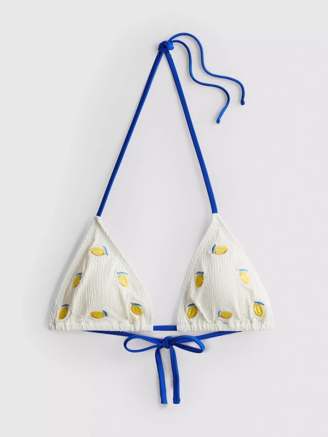 Strukturerad triangel-bikinitopp med citronmotiv