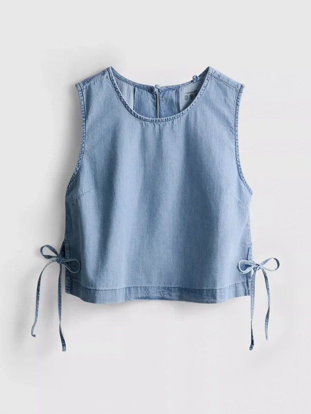 Tanktop i bomullsdenim med knytband i sidorna