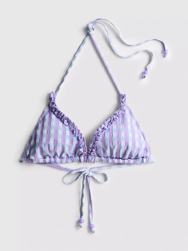 Triangelbikiniöverdel i rutigt tyg med volanger