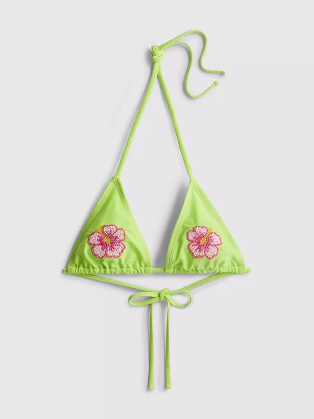 Triangelbikiniöverdel med pärlbesatta blommor