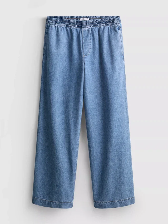 Träningsbyxor i bomullsdenim med vida ben