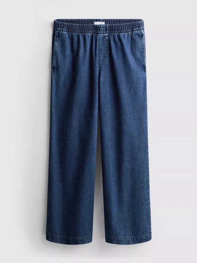 Träningsbyxor i bomullsdenim med vida ben
