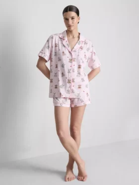 Tryckt pyjamasar i teddy-stil, boyfriend-modell, kort modell