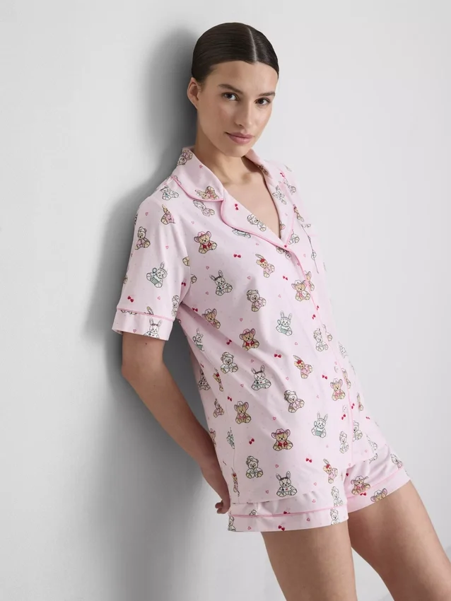 Tryckt pyjamasar i teddy-stil, boyfriend-modell, kort modell