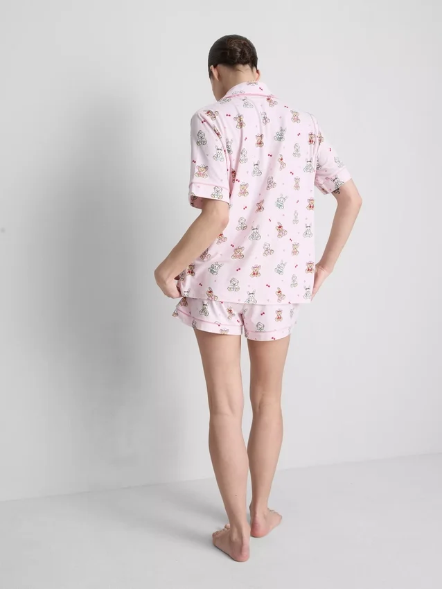 Tryckt pyjamasar i teddy-stil, boyfriend-modell, kort modell