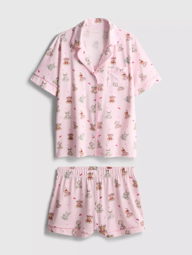 Tryckt pyjamasar i teddy-stil, boyfriend-modell, kort modell