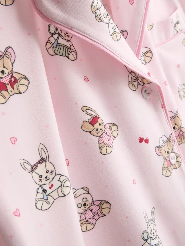 Tryckt pyjamasar i teddy-stil, boyfriend-modell, kort modell